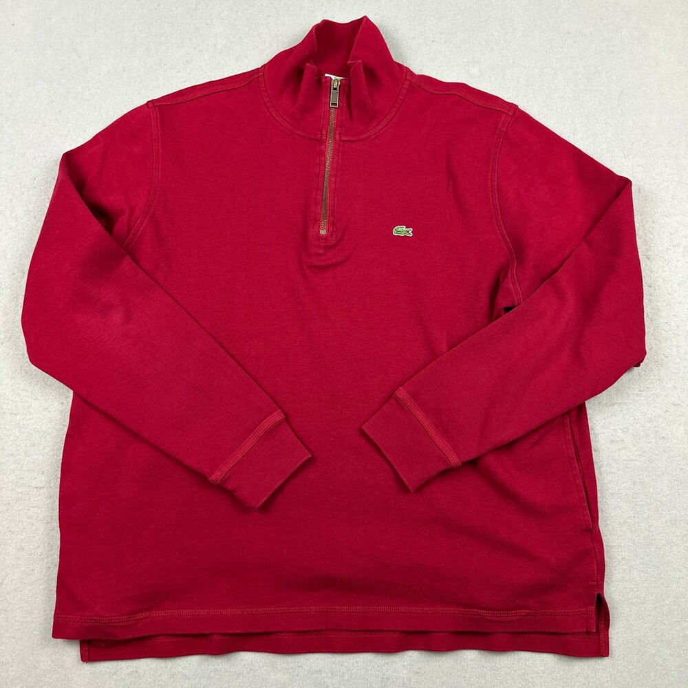 Lacoste Sweater Men 2XL Red Solid 1/4 Zip Pullover Logo Knit Pockets Collar XXL